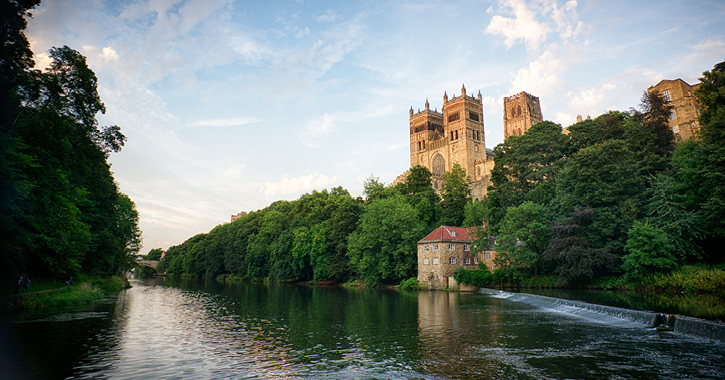View of the River Wear and Durham Cathedral from the riverside walk at Durham City